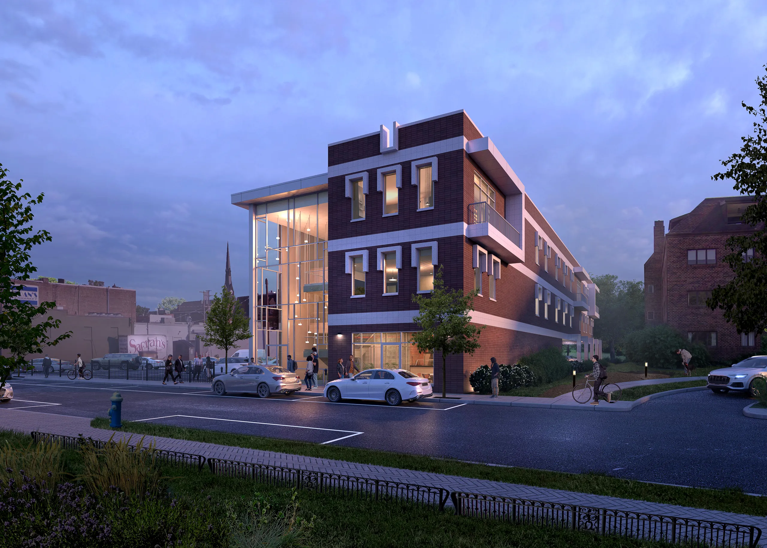 Exterior rendering of 328 Beaver at dusk.