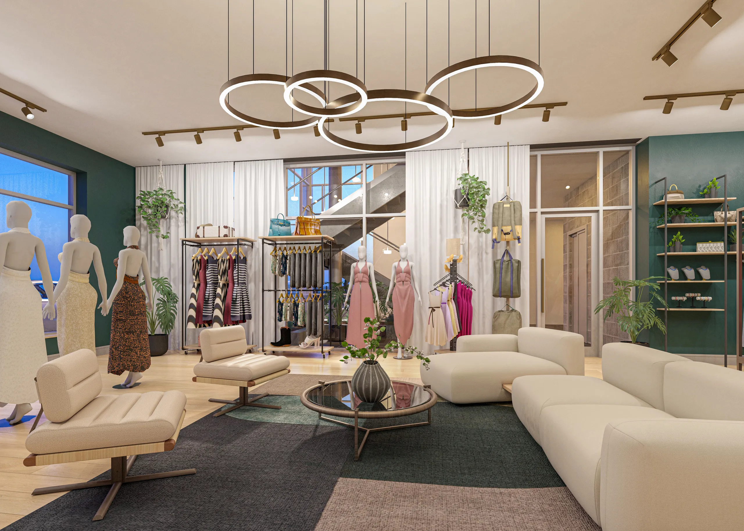 A rendering of the interior of a luxury boutique, showing clothing racks and a seating area.